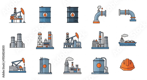 Oil and gas industry icons representing various aspects of the sector.