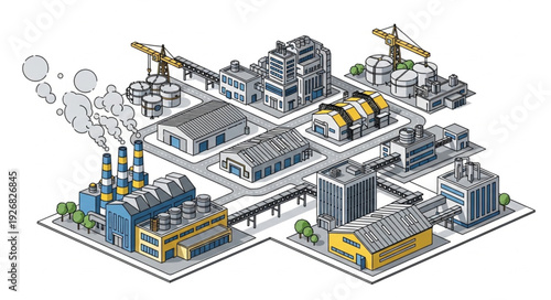 Isometric industrial cityscape illustration showcasing factories, infrastructure, and urban development, a detailed view.