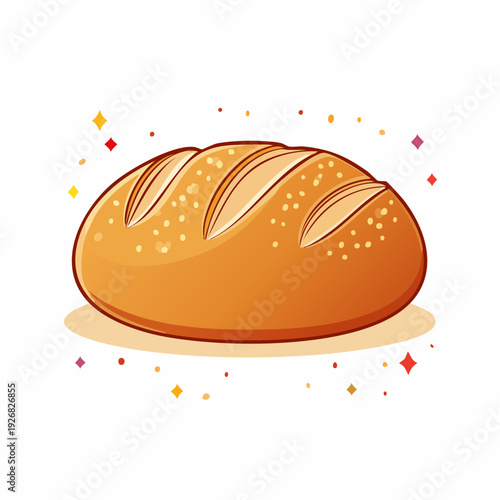 A delightful cartoon illustration of a freshly baked loaf of bread with shiny sparkles