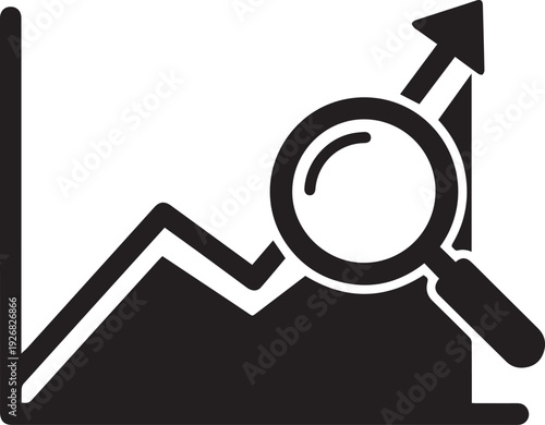 Black vector icon of a magnifying glass over a rising graph on a white background