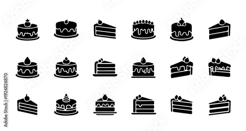 A delightful collection of dessert icons showcasing various cake designs and delicious sweet treats