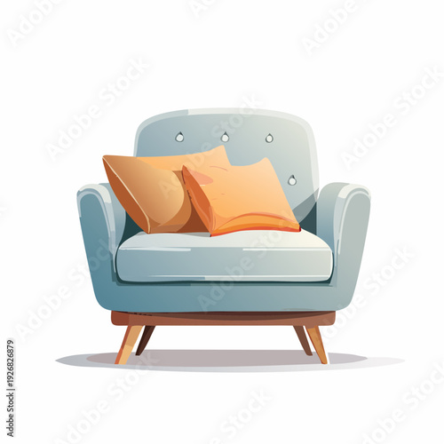 Cozy retro armchair with bright orange pillows, a comfortable cartoon illustration of stylish home furniture