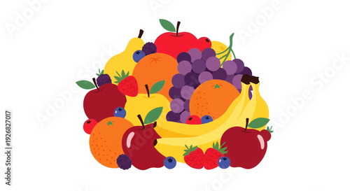 A vibrant and colorful assortment of fresh fruits, including apples, bananas, grapes, berries, and oranges