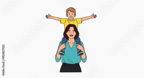 Vector illustration of a mother carrying her child on her shoulders in a joyful moment