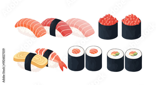 Diverse collection of fresh Japanese sushi and maki rolls, perfect for traditional Asian dining