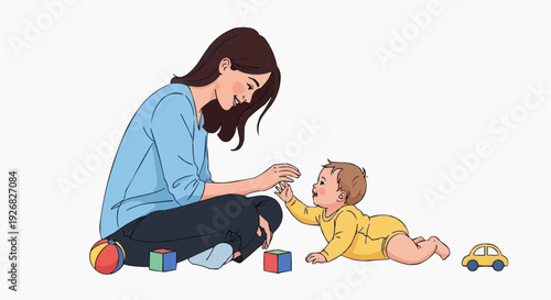 Smiling mother playing with baby and colorful toys