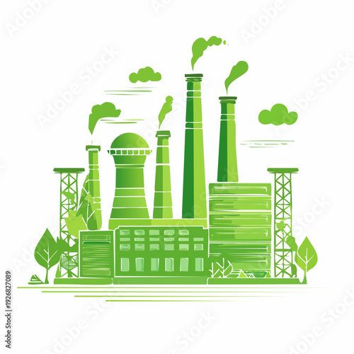 Green Factory with Smoke Coming Out of Chimneys, Ecological Concept