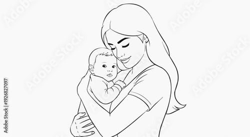 Line drawing style illustration of a mother and baby