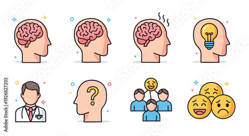 A collection of brain and emotion icons featuring a doctor, question mark, lightbulb, and various expressions in flat vector style, suitable for mental health and wellness projects