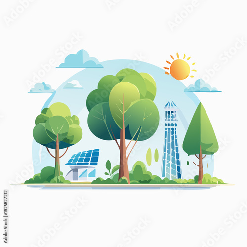 Vibrant Eco-Friendly Landscape with Renewable Energy Sources and Lush Greenery Under a Sunny Sky