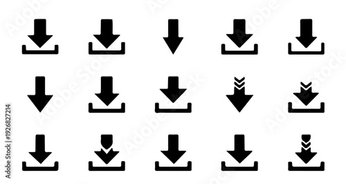 Extensive collection of download arrow icons featuring various styles for web and app interface design
