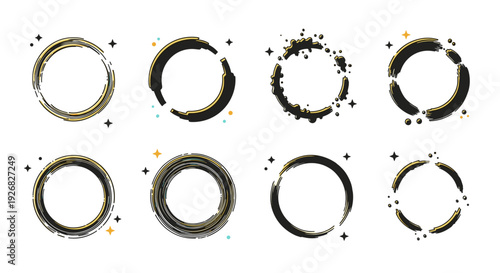 A collection of abstract decorative circles in modern vector style featuring black and gold accents, suitable for creative projects and branding