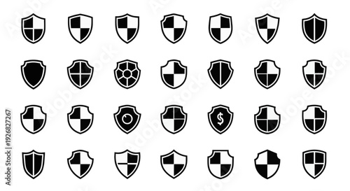 Versatile collection of shield icons representing digital security, robust protection, and data defense mechanisms. A comprehensive vector set