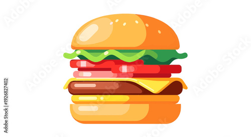 Vibrant and appetizing vector illustration of a classic layered hamburger with fresh ingredients, perfect for food design