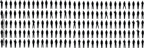 Grid of one hundred diverse human silhouettes in various poses and gestures, arranged in rows and columns, ideal for design, animation, and body language studies