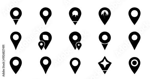 Collection of black location pins and map markers with unique designs and symbols
