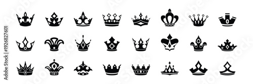 Royal crown icon collection in black silhouette style, heraldic and luxury symbol set.