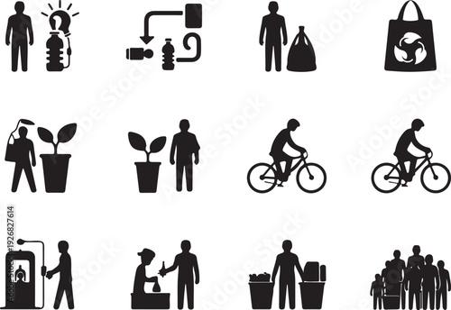 Black silhouette icons of people engaged in sustainable activities vector