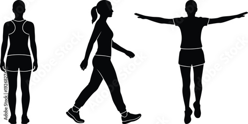 Female body silhouette set showing front, side and back views, walking and standing poses for anatomy, fitness and character design reference
