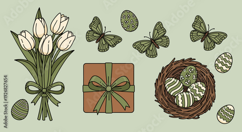 A collection of tulips, butterflies, Easter eggs, and a gift box in a whimsical flat vector style, perfect for spring celebrations