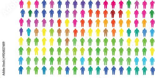 Grid of one hundred colorful human icons arranged in rows and columns with gradient hues, symbolizing diversity, variation, demographics, and creative design applications