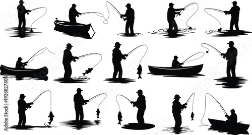 Fisherman silhouette casting fishing rod at night on dark background, outdoor sport activity, solitude, nature hobby, minimal shadow concept