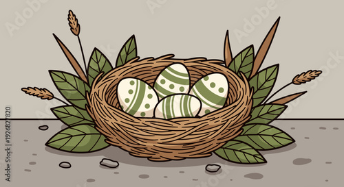 A decorative nest with green patterned eggs surrounded by leaves and grains in a flat vector style, ideal for spring celebrations and nature-themed designs