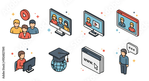 A set of online education and communication icons in flat modern vector style, suitable for e-learning platforms and digital content