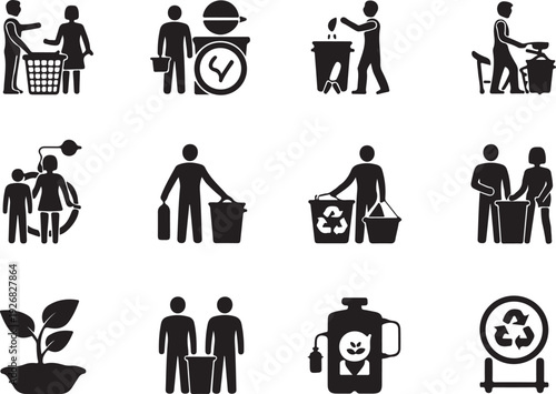 Black silhouette icons of people interacting with trash cans and recycling vector