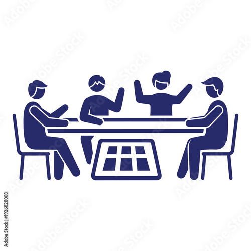 Four people sitting around a table with laptop  teamwork and collaboration concept icon