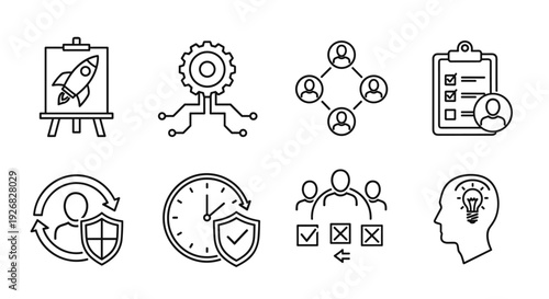 A collection of business and innovation icons including a rocket, gear, people, checklist, and brainstorming head in flat outline vector style, ideal for corporate presentations