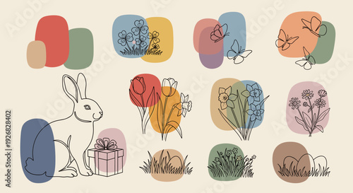 A cute rabbit with a gift box surrounded by colorful flowers and butterflies in minimalist vector style, suitable for spring celebrations