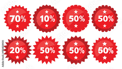Red sale badges and labels displayed on a clean white background, emphasizing promotional offers.