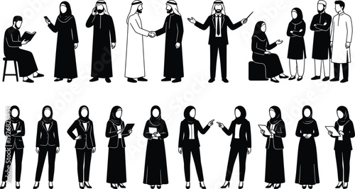Arab business people silhouette collection featuring men and women in traditional and professional attire representing culture, teamwork and modern workplace interaction