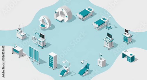 Medical equipment and hospital furniture arranged in a circular pattern on a blue background.