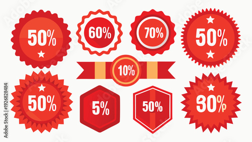 Red sale badges and labels displayed on a clean white background, emphasizing promotional offers.
