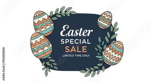 A decorative Easter sale banner featuring colorful eggs and foliage in a modern vector style, perfect for promotional events