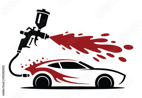 Car spray painting process showing professional auto body refinishing, vehicle paint application with spray gun technique, automotive repair service concept, clean detailed vector design 