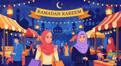 Ramadan Kareem vector illustration of people shopping at a festive market during the holy month