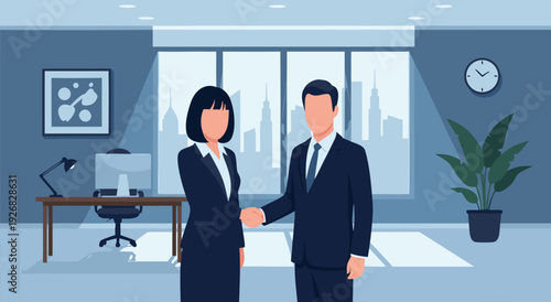 Business people shaking hands in office vector illustration representing partnership and success