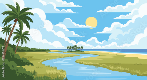 Serene Tropical Beach Landscape with Palm Trees and a Winding River, Vector Illustration of a Coastal Scene