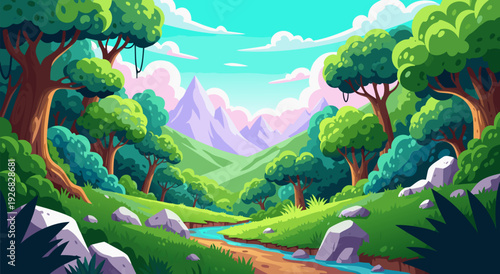 Beautiful vibrant landscape vector illustration of rolling green hills and a winding stream under a bright blue sky with fluffy pink clouds
