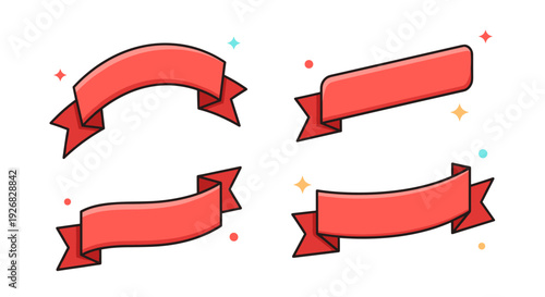 A set of colorful red ribbons and banners in flat minimalist vector style, suitable for creative projects and event promotions