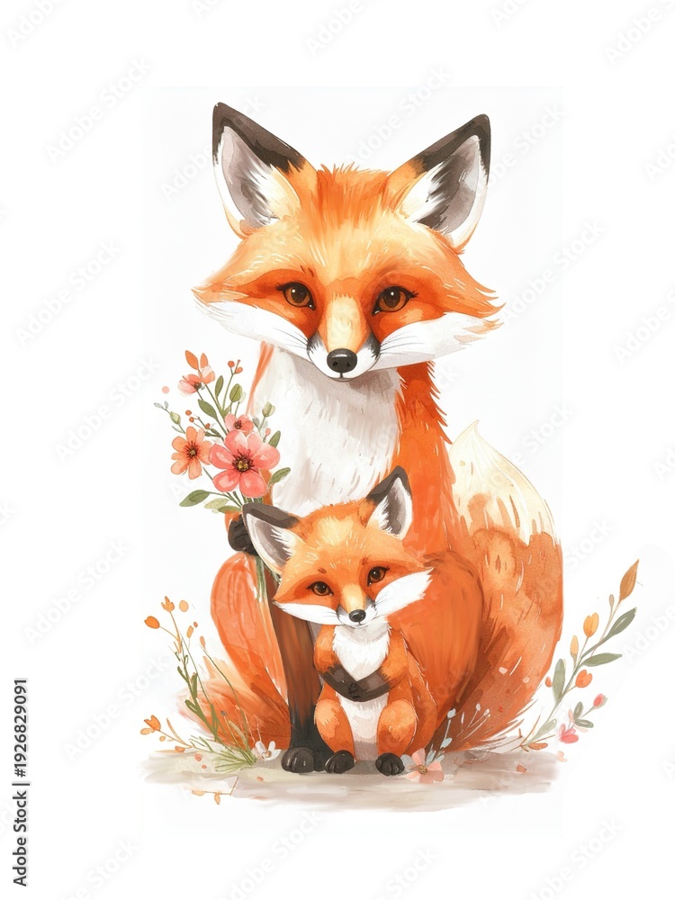 Obraz premium watercolor fox mom with baby fox and spring flowers