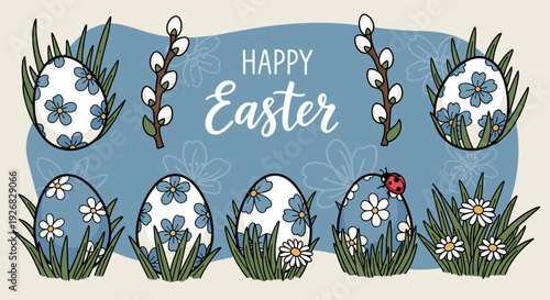 A collection of decorated Easter eggs surrounded by flowers and grass in a whimsical vector style, perfect for festive greeting cards
