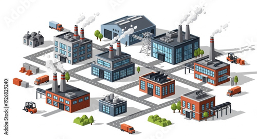 Industrial complex with multiple factories and transportation infrastructure, isometric view.