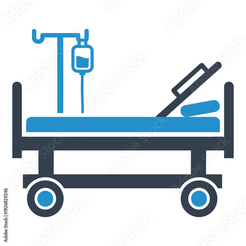 Hospital bed with IV drip stand and wheels for patient care  medical equipment icon