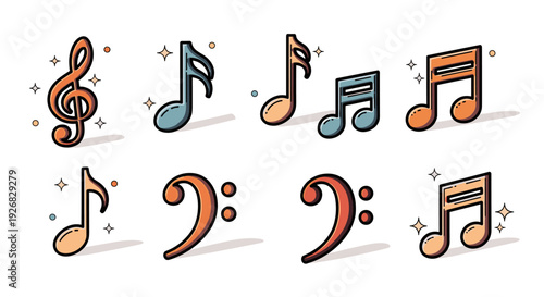 A collection of colorful music notes and clefs in flat modern vector style, ideal for music-themed designs and creative projects