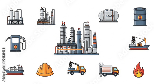Oil refinery complex with industrial buildings and processing equipment.