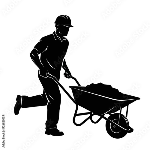Man in hard hat pushing loaded wheelbarrow on construction site with one leg lifted